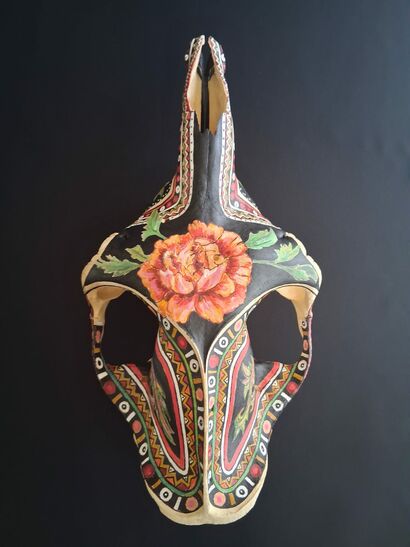 Crâne à la rose orange - a Paint Artowrk by JOAN BREUIL